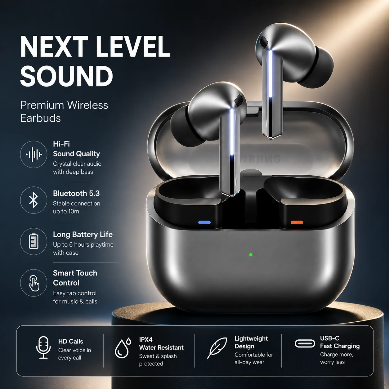 Wireless ANC Earbuds with Adaptive AI Sound & Bluetooth – Black thumbnail